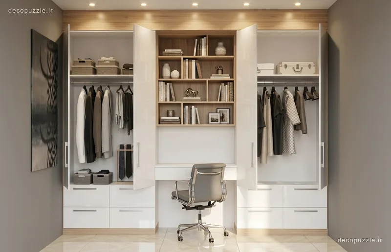 کابینت مدرن سفید مات با قفسه باز و بخش طرح چوب در پذیرایی