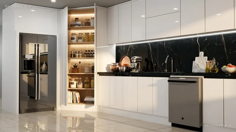 کابینت مدرن سفید براق با صفحه و بین کابینتی مشکی، پنتری باز و نورپردازی خطی در آشپزخانه