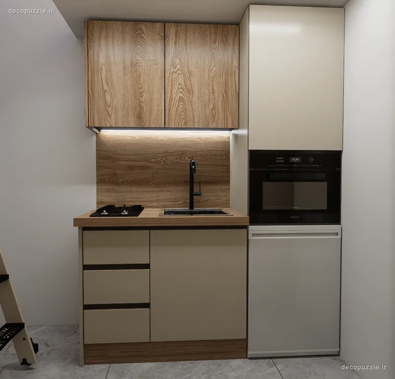 کابینت خطی طرح چوب و کرم مات با نور مخفی، سینک و اجاق توکار در فضایی جمع‌وجور