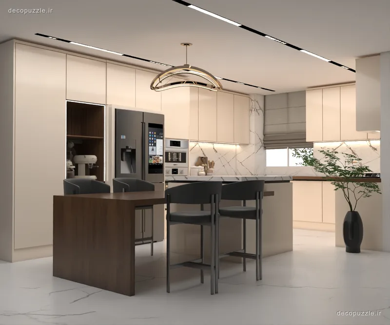 کابینت مدرن کرم مات و مشکی با جزیره، بین کابینتی ماربل و میز ناهارخوری در آشپزخانه