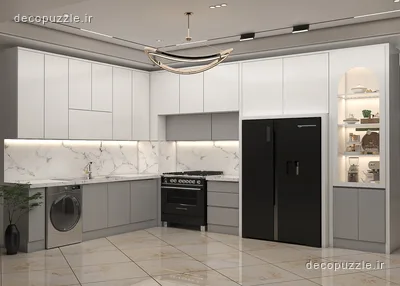 آشپزخانه دورنگ با کابینت مات سفید و طوسی، بین کابینتی ماربل، قفسه باز و نورپردازی خطی