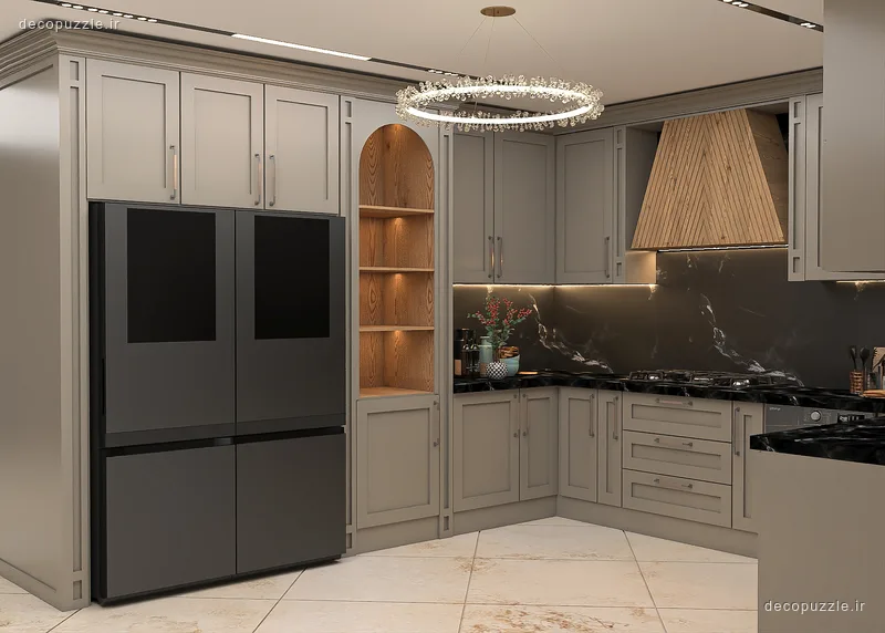 کابینت نئوکلاسیک طوسی مات با چیدمان ال، قفسه باز چوبی و نورپردازی خطی
