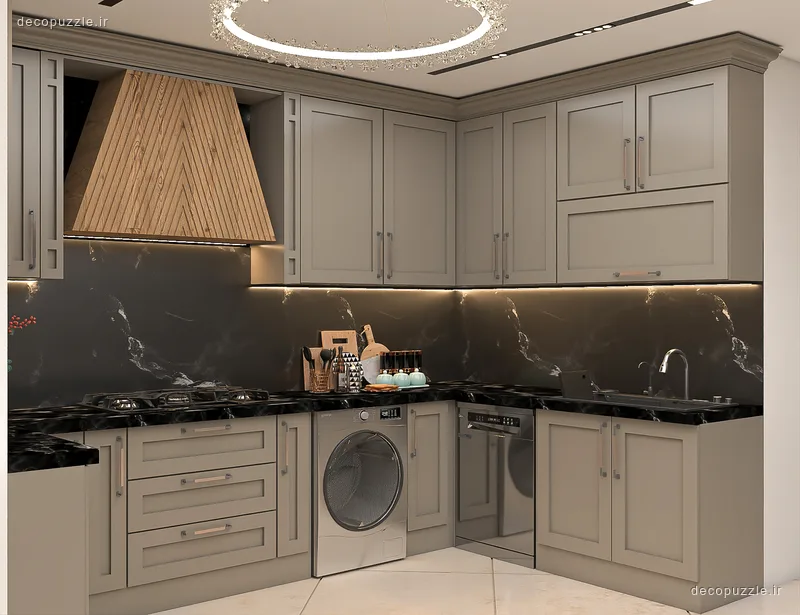 آشپزخانه نئوکلاسیک طوسی با چیدمان یو، صفحه و بین کابینتی ماربل و نورپردازی خطی