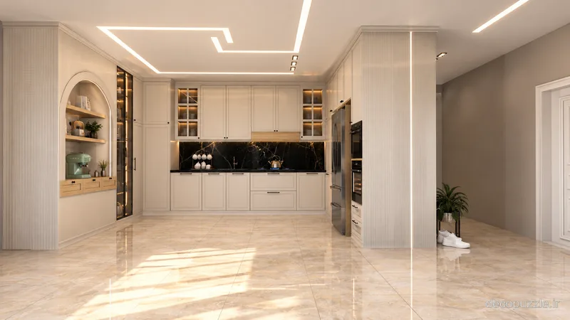 آشپزخانه مدرن کرم مات با ویترین شیشه‌ای، نورپردازی خطی و بین کابینتی ماربل