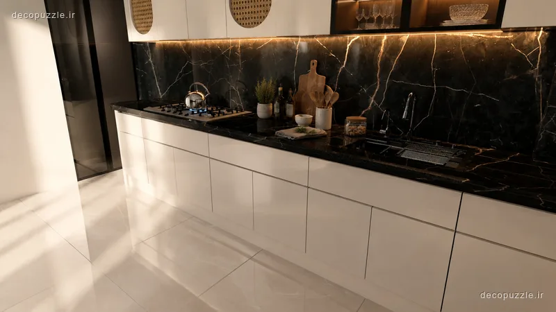 کابینت مدرن سفید و مشکی با دستگیره مخفی، بین کابینتی ماربل و نورپردازی خطی در آشپزخانه خطی