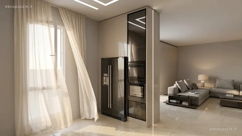 کابینت مدرن کرم و مشکی با فر توکار و مایکروویو توکار در آشپزخانه خطی کنار پذیرایی