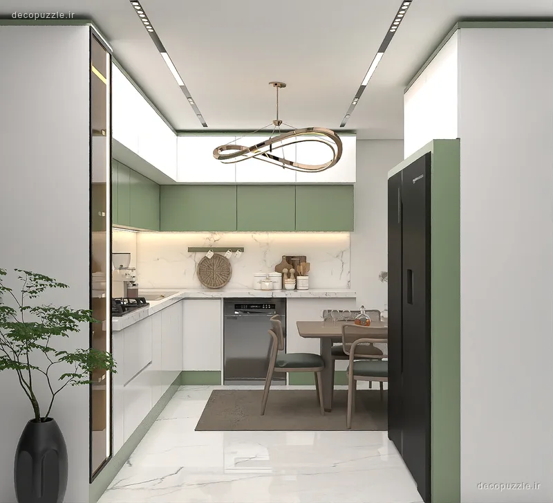کابینت مدرن دورنگ سفید و سبز مات با چیدمان ال، میز ناهارخوری و دستگیره مخفی در آشپزخانه