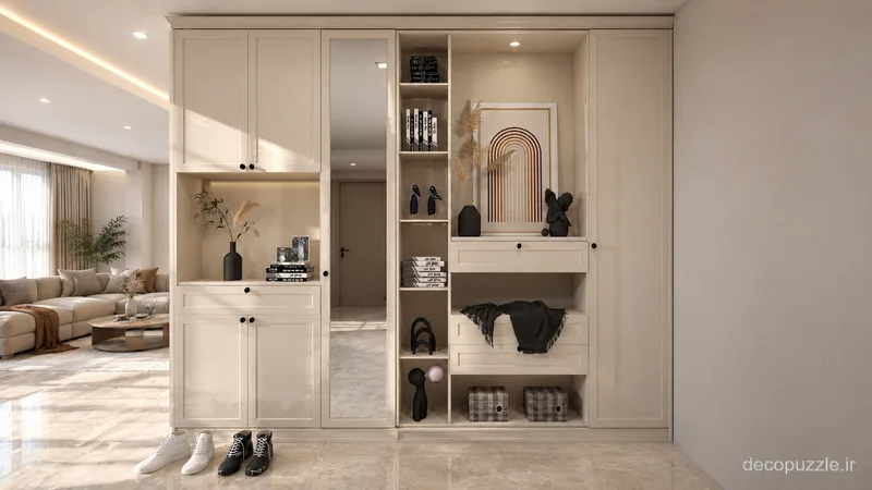 کابینت مدرن کرم مات با جاکفشی و قفسه باز در پذیرایی