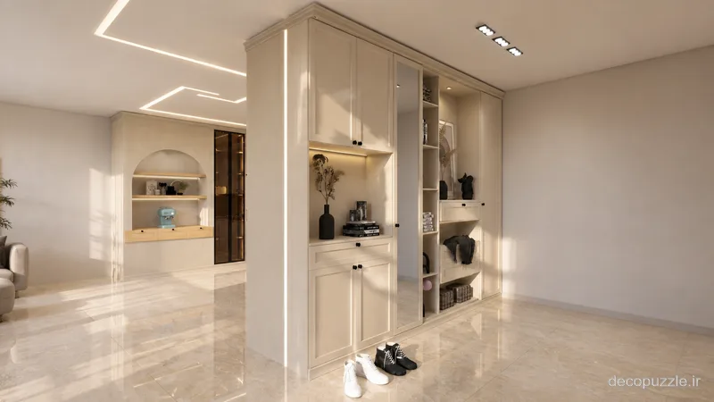 کابینت کرم مات با جاکفشی، ویترین و قفسه باز در کنج پذیرایی