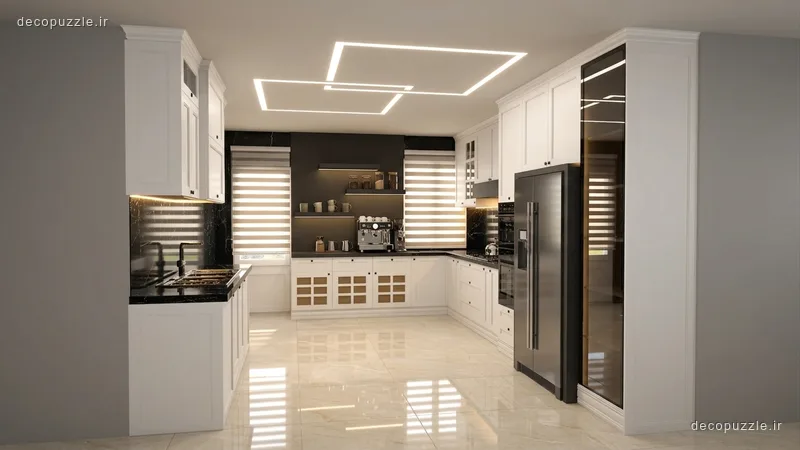 کابینت نئوکلاسیک سفید با چیدمان یو، ویترین شیشه‌ای، بین کابینتی تیره و نورپردازی خطی