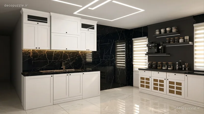 کابینت سفید ممبران با صفحه و بین کابینتی مشکی ماربل، ویترین و قفسه باز در آشپزخانه ال