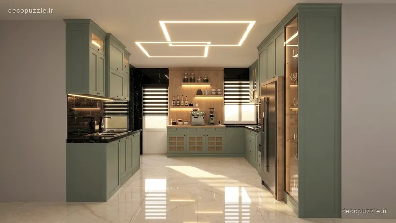 کابینت نئوکلاسیک سبز مات با ویترین، قفسه باز و نورپردازی خطی در آشپزخانه یو