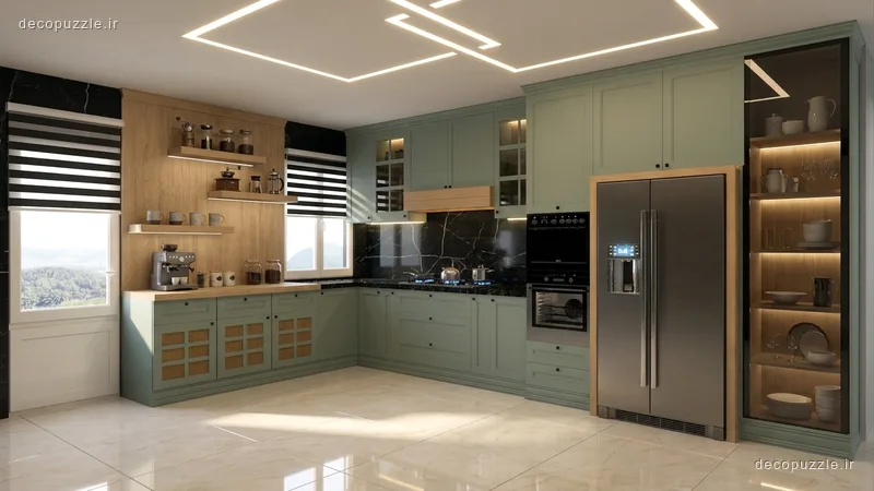 کابینت مات دورنگ با طرح چوب، ویترین شیشه‌ای و نورپردازی خطی در آشپزخانه ال