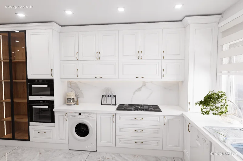 کابینت سفید ممبران در آشپزخانه ال با ویترین، بین کابینتی ماربل و فر توکار