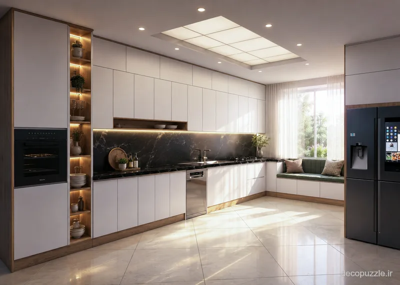 کابینت مدرن سفید مات با چیدمان ال، بین کابینتی ماربل، قفسه باز و فر توکار در آشپزخانه