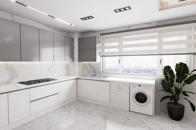 کابینت مدرن سفید مات با چیدمان ال، بین کابینتی ماربل و نورپردازی خطی در آشپزخانه