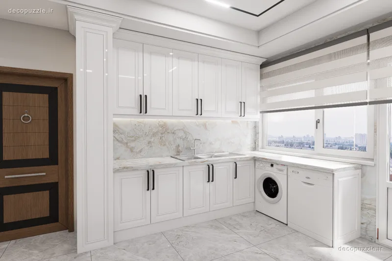 آشپزخانه نئوکلاسیک سفید مات با چیدمان ال، کابینت تا سقف و بین کابینتی ماربل