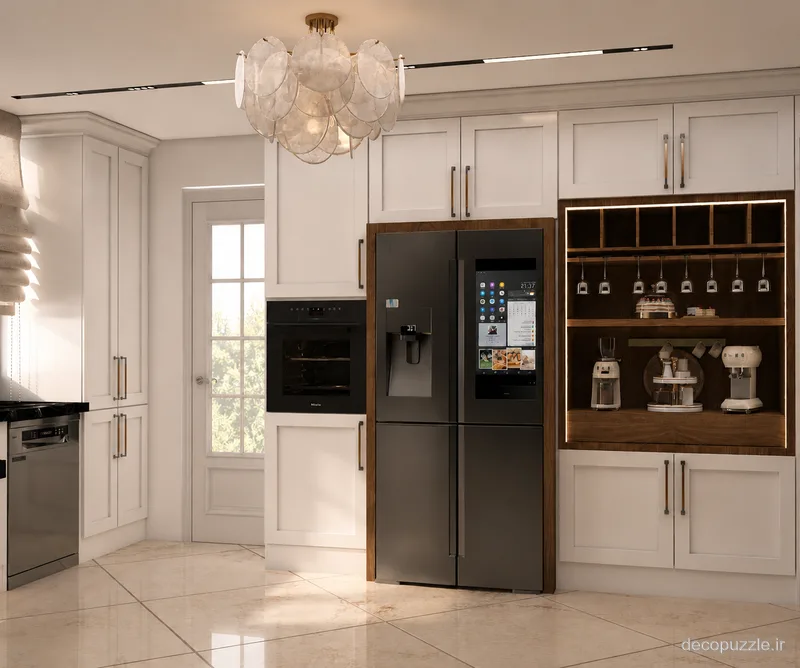 آشپزخانه دورنگ با کابینت نئوکلاسیک سفید، کافی‌بار چوبی، ویترین و فر توکار