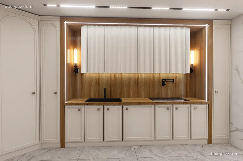 کابینت نئوکلاسیک سفید و طرح چوب در چیدمان خطی با بین کابینتی و نورپردازی خطی