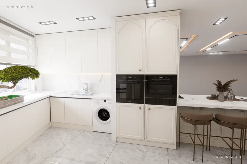 آشپزخانه سفید نئوکلاسیک با چیدمان ال، کابینت ممبران، سنگ ماربل و فر و مایکروویو توکار