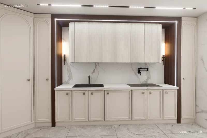 کابینت نئوکلاسیک سفید مات با بین کابینتی ماربل، چیدمان خطی و نورپردازی خطی