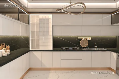 کابینت مدرن سفید مات با چیدمان یو، ویترین شیشه‌ای و بین کابینتی ماربل مشکی
