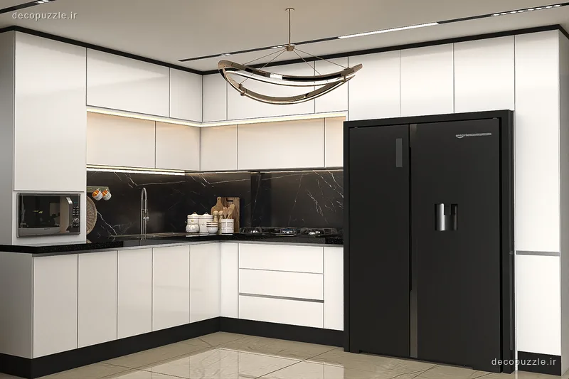 کابینت مدرن مات دورنگ با چیدمان ال، بین کابینتی مشکی، دستگیره مخفی و مایکروویو توکار