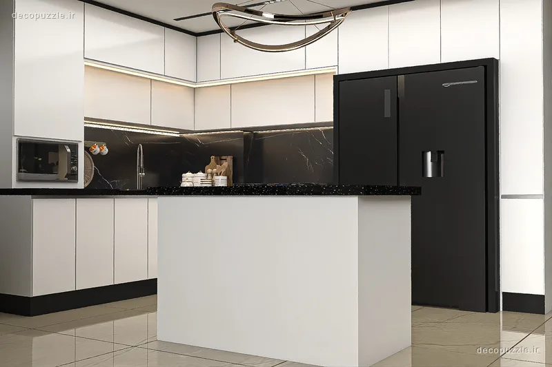 کابینت مدرن سفید و مشکی مات با جزیره، بین کابینتی ماربل و مایکروویو توکار در آشپزخانه