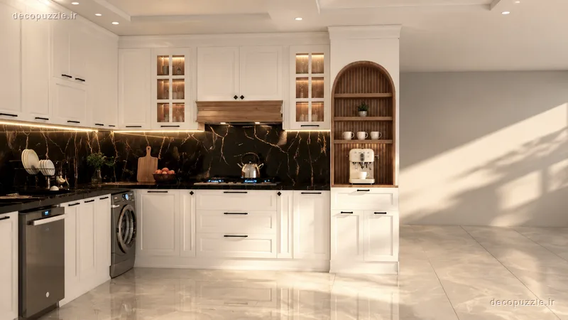 کابینت نئوکلاسیک سفید مات با بین کابینتی ماربل مشکی، ویترین و کافی‌بار در چیدمان ال