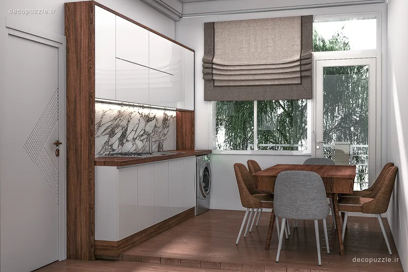 کابینت مدرن سفید براق و طرح چوب با بین کابینتی ماربل و میز ناهارخوری در آشپزخانه