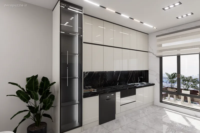 کابینت مدرن سفید و مشکی براق با ویترین، بین کابینتی و نورپردازی خطی در آشپزخانه خطی