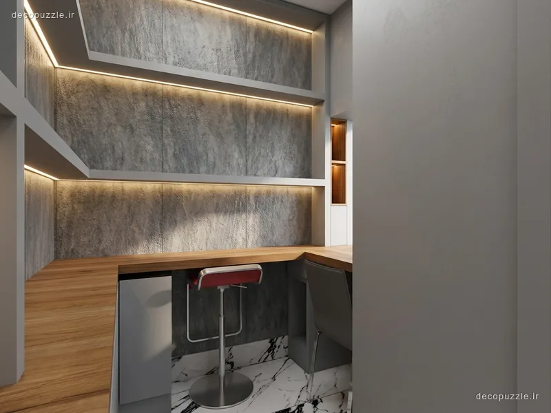 آشپزخانه مدرن دورنگ با کابینت طوسی مات، طرح چوب، قفسه باز و نورپردازی خطی