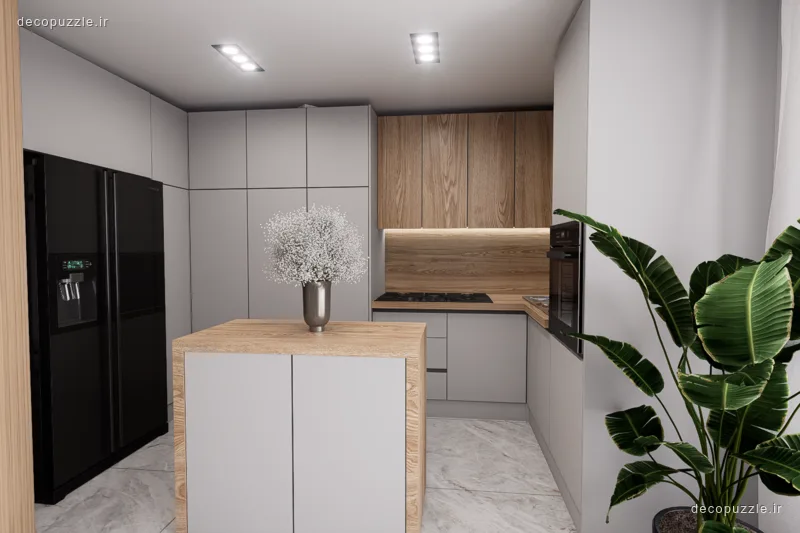 آشپزخانه دورنگ با کابینت مات و طرح چوب، جزیره، فر توکار و مایکروویو توکار