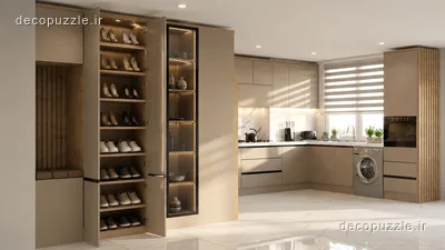 کابینت مدرن بژ مات با ویترین شیشه‌ای، جاکفشی، چیدمان ال و فر توکار در آشپزخانه