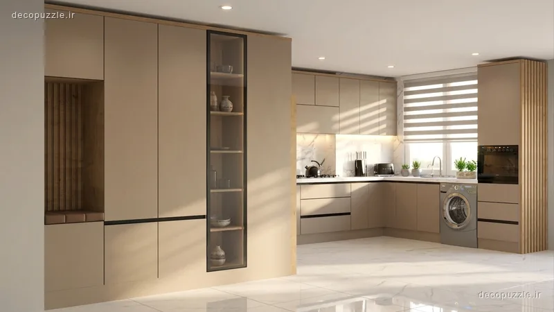 کابینت مدرن بژ مات با ویترین شیشه‌ای، طرح چوب و چیدمان ال در آشپزخانه