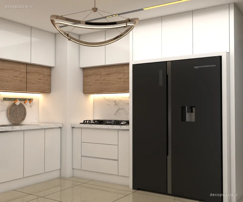 کابینت مدرن سفید و طرح چوب مات با چیدمان ال، بین کابینتی ماربل و نورپردازی خطی