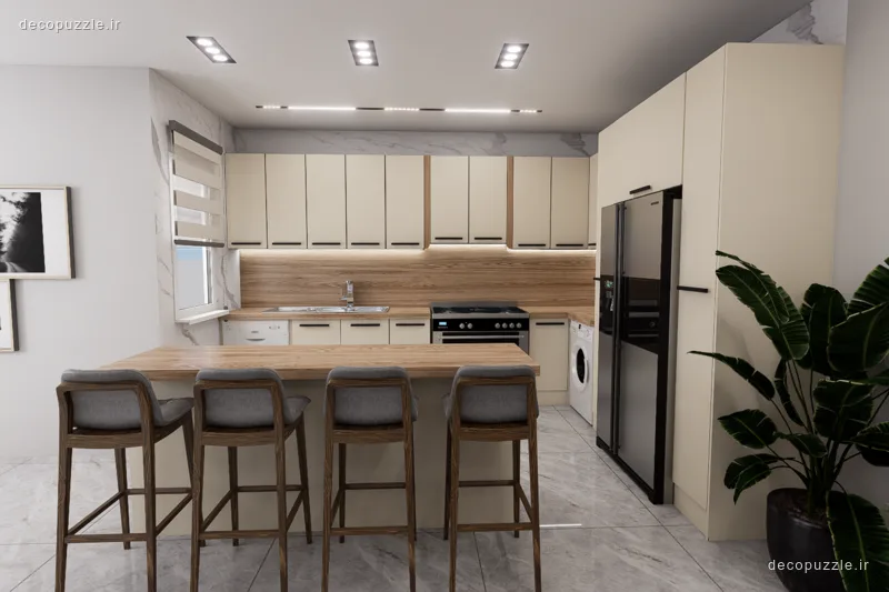آشپزخانه مدرن دورنگ با کابینت مات، جزیره طرح چوب، بین کابینتی و نورپردازی خطی