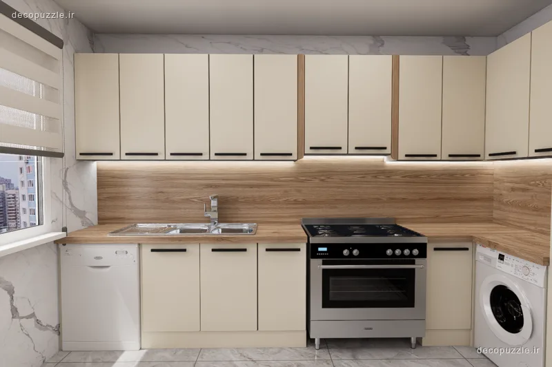 کابینت مدرن کرم مات با طرح چوب و چیدمان ال در آشپزخانه