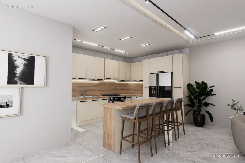 کابینت مدرن کرم مات با جزیره طرح چوب و چهار صندلی در آشپزخانه‌ای روشن