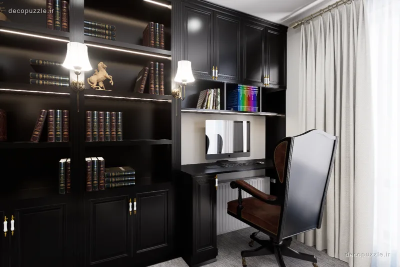 اتاق مدیریت با کتابخانه و میز کار مشکی مات، نورپردازی خطی و صندلی چرمی کنار پنجره