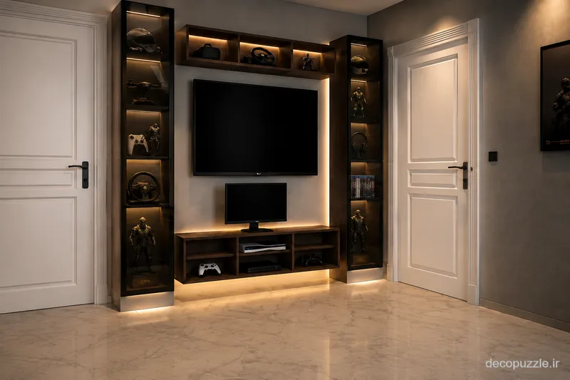 تی‌وی‌وال خطی با کابینت طرح چوب و قفسه‌های شیشه‌ای نورپردازی‌شده در نشیمن مدرن