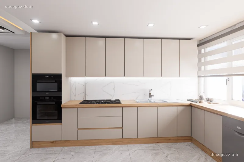 کابینت مدرن مات دورنگ با چیدمان ال، دستگیره مخفی، فر توکار و مایکروویو توکار