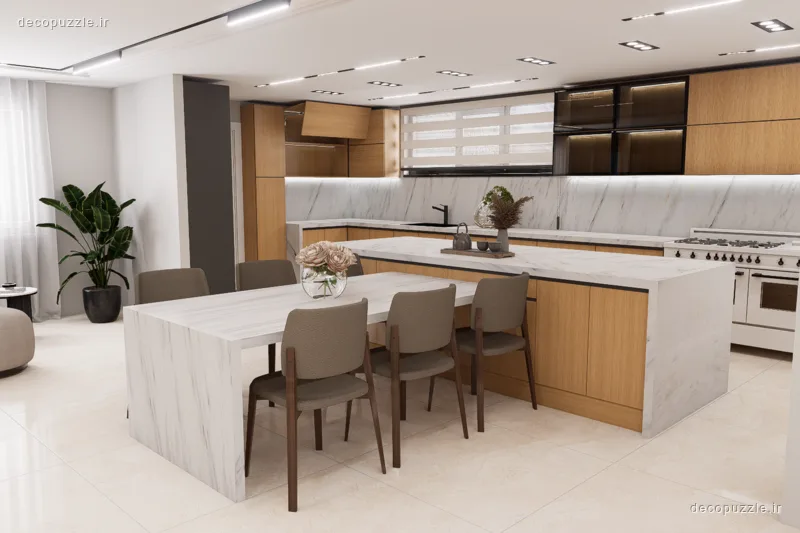 کابینت مدرن دورنگ با طرح چوب و ماربل، جزیره بزرگ و میز ناهارخوری در آشپزخانه روشن