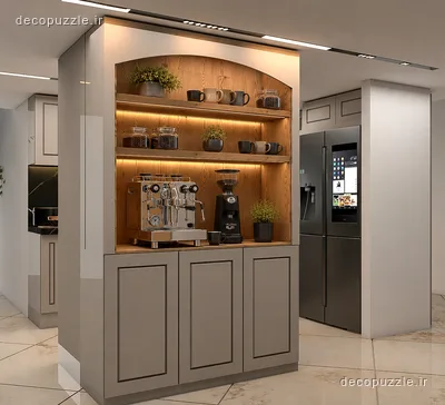 کابینت طوسی مات با کافی‌بار طرح چوب، قفسه باز و نورپردازی خطی در آشپزخانه
