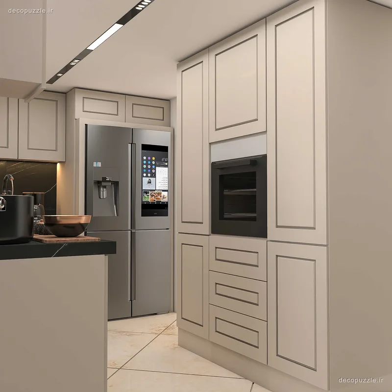 کابینت ممبران کرم با فر توکار، بین کابینتی ماربل و نورپردازی خطی در آشپزخانه ال