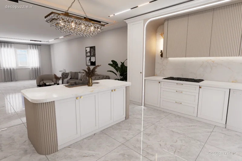 کابینت مدرن سفید و طرح چوب با جزیره و بین کابینتی ماربل در آشپزخانه اپن
