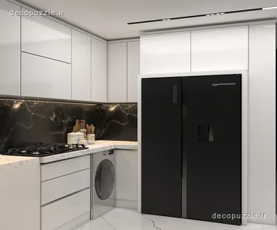 آشپزخانه مدرن با کابینت سفید براق، چیدمان ال، بین کابینتی مشکی و یخچال مشکی