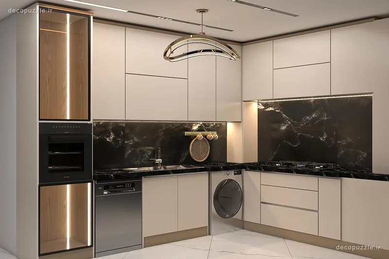 کابینت مدرن مات دورنگ با چیدمان ال، بین کابینتی ماربل مشکی، فر توکار و نورپردازی خطی