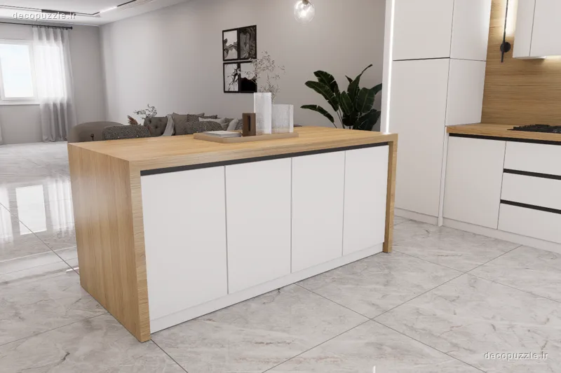 کابینت مدرن سفید مات و طرح چوب با جزیره و دستگیره مخفی در آشپزخانه اپن