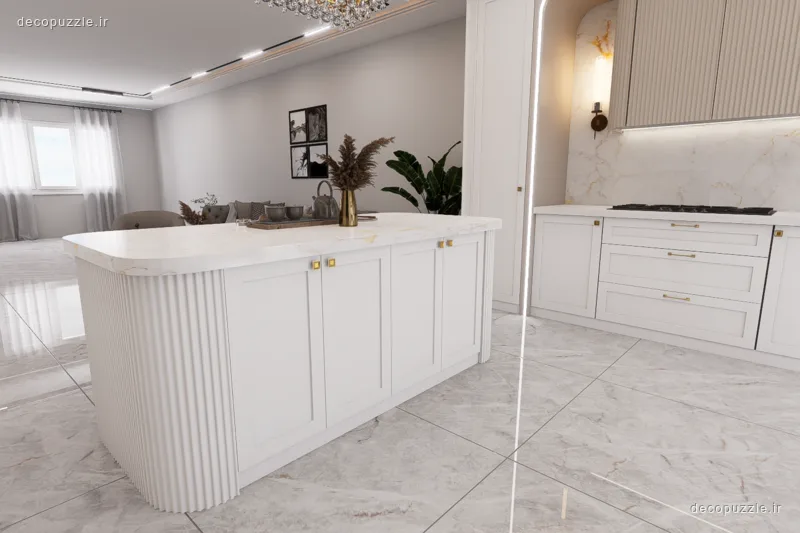 کابینت مدرن سفید مات با جزیره و بین کابینتی ماربل در آشپزخانه